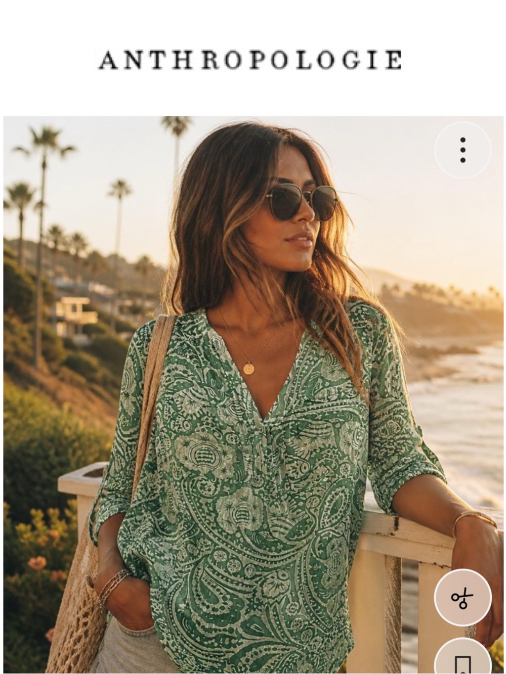 Anthropologie Maeve Green Paisley V-Neck Tunic Top